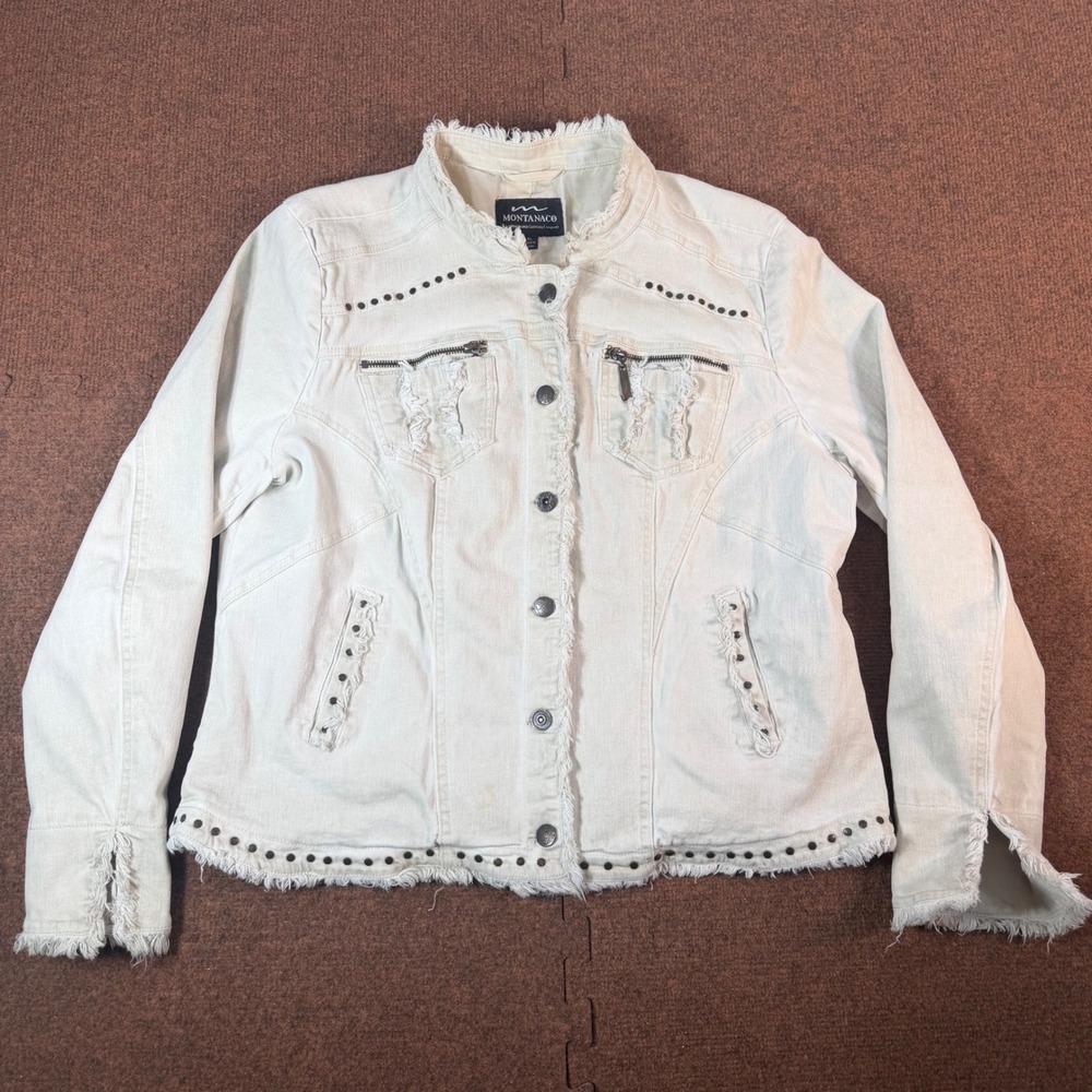 Montanaco Denim Jacket Womens XL Off White Studded Distressed Frayed Western